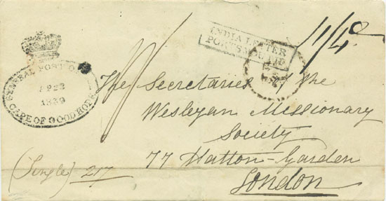 An 1839 letter from a Missionary stationed at Umpukani to London, via Graaf Reinnett and Cape Town.
